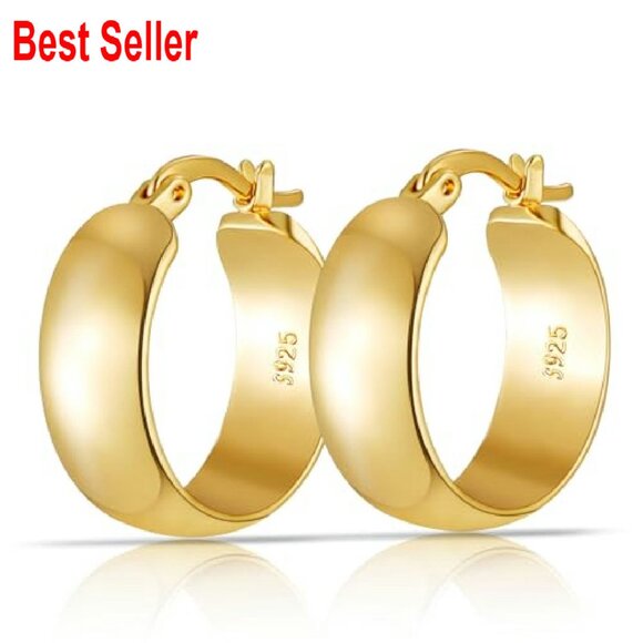 Sterling Silver Hoop Earrings 14K Gold Plated Hypoallergenic Lightweight - Picture 2 of 8